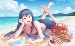  1girl 1girl :d alluring alternative_costume apple awan97 bangs bare_shoulders barefoot beach berry blue_bikini_top blue_eyes blue_hair blue_sarong blue_sky cleavage cloud crossed_legs cup day drink drinking_glass feet fire_emblem fire_emblem_awakening fire_emblem_heroes fire_emblem_warriors food fruit hair_between_eyes high_resolution horizon intelligent_systems legs_up long_hair lucina_(fire_emblem) lying mountainous_horizon ocean on_stomach one_eye_closed open_mouth orb picnic_basket plate sand sandwich sarong ship shore sky small_breasts smile soles the_pose tiara toes towel very_high_resolution watercraft waves wine_glass 