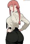  ai_generated back_view backboob bare_thighs big_ass big_ass braided_ponytail chainsaw_man fat_ass gigantic_ass gigantic_breasts grin huge_breasts huge_thighs jean_shorts light-skinned_female light_skin looking_back makima_(chainsaw_man) massive_ass massive_breasts mature_female milf red_hair sawahebi solo_female squatting sweat sweatdrop thick_body thick_female thick_thighs thighs voluptuous voluptuous_female yellow_eyes 