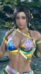 1girl alluring athletic_female bra brown_hair envy15re2lm fit_female forest lake magenta_eyes namco shorts tekken tekken_8 yakushima