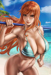  1girl abs alluring athletic_female beach big_breasts bikini cleavage clima-tact dandon_fuga denim_shorts female_abs female_only fit_female long_hair looking_at_viewer naked_from_the_waist_down nami nami_(one_piece) one_piece orange_hair outside post-timeskip pussy striped_bikini water 