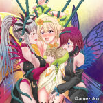  1girl 3_girls alluring amezuku arms_up big_breasts blonde_hair blue_eyes butterfly_wings elf fairy fire_emblem fire_emblem_heroes incest intelligent_systems maroon_hair multiple_females multiple_girls peony_(fire_emblem) plumeria_(fire_emblem) pointy_ears purple_eyes red_eyes restrained sisters triandra_(fire_emblem) white_hair yuri 