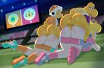 1girl 2_girls 2boys 2d anal anal_sex anus ass audience blonde_hair bubble_ass bubble_butt clothing competitive_sex exhibitionism football football_player football_uniform footwear from_behind from_behind_position group_sex hammer_bros. handwear huge_ass huge_cock human interspecies koopa_troopa male mario_(series) mario_strikers nintendo orange_shorts pale_skin parallel_sex penis pink_shorts princess_daisy princess_peach public public_sex saliva sex_competition shorts shorts_down somescrub sportswear stadium sweat
