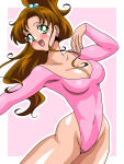  1girl adult_swim alluring big_breasts bishoujo_senshi_sailor_moon bishoujo_senshi_sailor_moon_r bishoujo_senshi_sailor_moon_r_the_movie bishoujo_senshi_sailor_moon_s bishoujo_senshi_sailor_moon_s_the_movie bishoujo_senshi_sailor_moon_supers bishoujo_senshi_sailor_moon_supers_the_movie blush brown_hair cleavage collarbone covered_navel earrings flower_earrings green_eyes hair_bobbles hair_ornament high_res highleg highleg_leotard inabakun00 jewelry leotard long_hair long_sleeves looking_at_viewer makoto_kino open_mouth pink_background pink_leotard ponytail smile standing toei_animation toonami viz_media 