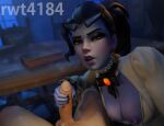  1boy 1girl 1girls 3d amelie_lacroix angry breasts breasts_out exposed_breasts glasses_on_head half-closed_eyes hand_on_penis handjob light-skinned_male looking_at_viewer male nipples overwatch overwatch_2 overwatch_league penis pov principal_lacroix rwt4184 tits_out widowmaker widowmaker_(overwatch) 