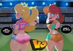 1girl 2_girls alternate_costume arena ass ass ass_cleavage ass_crack ass_focus back_view big_breasts blonde_hair blue_eyes booty_shorts bottom_heavy bottom_heavy_female bottomwear breasts brown_hair bubble_ass bubble_butt butt_crack butt_focus clothing competition crown daisy's_hot_stuff_(trend) dat_ass dat_butt english_text envy female_focus female_only fit fit_female football football_player football_uniform gloves hand_on_hip huge_ass human ignoring lipstick long_hair making_faces mario_(series) mario_strikers mario_strikers_peach_back_view_redraw_(meme) mario_strikers_princess_daisy_side_view_redraw_(meme) medium_breasts midriff nintendo orange_shorts outside pink_shorts ponytail princess princess_daisy princess_peach rear_view rude short_shorts shorts somescrub speech_bubble sportswear stadium thick_lips thick_thighs toned toned_female tongue tongue_out white_gloves