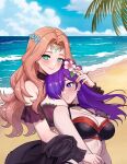  2_girls absurd_res alluring alternate_costume beach big_breasts bikini black_bikini breast_smother cleavage cornelia_arnim face_to_breasts female_focus fire_emblem fire_emblem:_three_houses fire_emblem_heroes fire_emblem_warriors:_three_hopes flower green_eyes hair_flower hair_ornament high_res hugging intelligent_systems medium_breasts mole mole_on_breast multiple_girls nintendo official_alternate_costume orange_hair outside palm_tree purple_bikini purple_eyes purple_hair rein_creamsoda shez_(fire_emblem) shez_(fire_emblem)_(female) shez_(summer)_(fire_emblem) swimsuit tree 