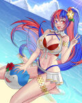 1girl alboire alear_(female)_(fire_emblem) alear_(female)_(seaside_dragon)_(fire_emblem) alear_(fire_emblem) alluring beach big_breasts blue_and_red_hair blue_sky cleavage fire_emblem fire_emblem_engage heterochromia intelligent_systems nintendo ocean pin_up 