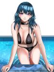 1girl absurd_res alluring alternate_costume bare_shoulders big_breasts bikini black_bikini black_choker blue_eyes blush byleth_(fire_emblem) byleth_(fire_emblem)_(female) choker cleavage closed_mouth collarbone covered_erect_nipples fire_emblem fire_emblem:_three_houses high_res intelligent_systems langspower long_hair looking_at_viewer navel nintendo pool sideboob smile stomach swimming_pool swimsuit teal_hair thighs water wet