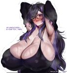  1girl 1girls armpit armpit_hair armpits arms_up big_breasts big_breasts black_hair blush cleavage dialogue female_armpit_hair glasses goddess_of_victory:_nikke hairy_armpits heart-shaped_pupils highlights_(coloring) huge_breasts label_(nikke) larger_female light-skinned_female long_hair massive_breasts messy_hair milileonaorochi mole mole_on_breast nervous_smile purple_hair sweat sweaty text uwu_mili_uwu 