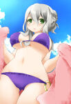  1girl 1girl alluring between_breasts big_breasts bikini day effie_(fire_emblem) female_focus fire_emblem fire_emblem_fates gradient_background green_eyes grey_hair intelligent_systems momosemocha navel nintendo purple_bikini sky swimsuit towel under_boob 