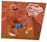 2boys aladdin_(1992_disney_film) aladdin_(series) arms_behind_back backsack beard crates dark-skinned_male disney facial_hair genie_(aladdin) hanging_balls hax25849 human magic male male_only nude nude_male one_shoe paddle paddling razoul rope spanking speech_bubble