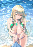 1girl alluring beach big_breasts bikini blonde_hair blush chest_jewel cleavage closed_mouth collarbone commentary_request core_crystal_(xenoblade) cowboy_shot earrings high_res jewelry long_hair looking_at_viewer mythra_(xenoblade) navel pov revealing_clothes sofusan1526 swimsuit tearing_up tears topless_female unworn_bikini_top upper_body water white_bikini xenoblade_(series) xenoblade_chronicles_2 yellow_eyes