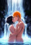 evening ichigo_kurosaki ichiruki kissing moonlight night_sky novelai romantic_couple rukia_kuchiki waterfall