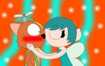 1boy 1girl aqua_hair background blurry blurry_background blush blushing closed_eyes clothed clothing dress eyelashes fairy female furry green_dress human kiss_on_lips kissing male mustelid musteline not_porn orange_background orange_body orange_fur overalls safe sfw simple_background siren_sara striped_background weasel willy_weasel willys_wonderland wings