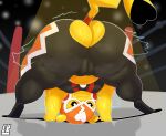 1girl absurd_res all_fours ass big_ass bodily_fluids breasts bubble_butt butt_focus cameltoe cleft_tail clothed clothing cosplay_pikachu_(character) cosplay_pikachu_(costume) fighting_ring generation_1_pokemon high_res lobokosmico looking_at_viewer looking_back looking_through looking_through_legs nintendo pikachu pikachu_libre pokemon pokemon_(species) spread_legs spreading sweat tail thick_thighs wide_hips