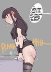 1girl 1girls ass beth_(biku) biku black_choker black_hair black_nails black_panties black_thighhighs blush bracelet breasts brown_eyes choker clenched_teeth ear_piercing english_text large_ass long_hair onomatopoeia open_mouth original original_character panties panty_pull peeing peeing_in_sink piercing shiny_skin short_sleeves simple_background skirt skirt_lift spiked_bracelet standing stockings thick_thighs thighs underwear