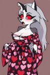  1girl ai_generated blush dress female_focus female_only furry furry_only heart_symbol helluva_boss long_hair loona_(helluva_boss) open_mouth red_eyes self_upload simple_background suprised tearing_clothes torn_clothes torn_dress wardrobe_malfunction 