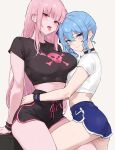 2_girls ass belly big_breasts blue_eyes blue_hair bluefield breasts dolphin_shorts hololive hololive_english hololive_gen_0 hololive_japan hololive_myth hoshimachi_suisei hugging lesbian_couple looking_at_viewer mori_calliope pink_hair red_eyes shirt shorts small_breasts t-shirt thighs tongue tongue_out virtual_youtuber vtuber yuri