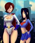 ass big_breasts black_hair blue_eyes breasts brown_eyes brown_hair cameltoe cleavage cleavage_cutout cosplay dc dc_comics gloves hair_over_one_eye helen_parr mother_&_daughter mother_and_daughter nipples power_girl power_girl_(cosplay) skirt small_breasts smiling supergirl supergirl_(cosplay) tank_top the_incredibles thehumancopier violet_parr