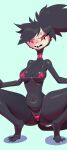 1girl 1girl absurd_res anthro avian beak bikini biped bird black_body blue_background blush cameltoe clothed clothing cross-popping_vein crouching demon dracreloaded eyelashes hellaverse helluva_boss high_res navel octavia_(helluva_boss) open_mouth owl simple_background skimpy spread_legs spreading swimwear two-piece_swimsuit white_body