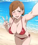  1girl 1girl accurate_art_style alluring androidparanoid bare_legs beach big_breasts bikini blue_sky brown_eyes brown_hair cleavage jujutsu_kaisen kugisaki_nobara nobara_kugisaki ocean orange_hair pin_up posing selfpic v wink 