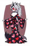 1girl ai_generated blush dress female_focus female_only furry furry_only heart_symbol helluva_boss long_hair loona_(helluva_boss) open_mouth red_eyes self_upload simple_background suprised tearing_clothes torn_clothes torn_dress wardrobe_malfunction