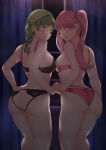  2_girls :d absurd_res alluring ass ass_cutout bandana bare_shoulders black_bra black_panties blush bra braid butt_crack clothing_cutout commission fire_emblem fire_emblem:_the_blazing_blade from_behind glowing glowing_eyes green_eyes green_hair high_res holding_hands indoors intelligent_systems lingerie looking_at_viewer looking_back medium_breasts multiple_girls nabunabu night nintendo open_mouth panties pink_bra pink_eyes pink_hair pink_panties rebecca_(fire_emblem) serra_(fire_emblem) sideboob sky smile twin_tails underwear window 