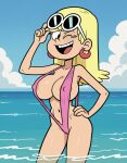  1girl ai_generated areola_slip areolae_slip big_breasts bikini bimbo bimbo_body bimbofication black_eyes blonde_hair breasts earrings hand_on_hip leni_loud long_hair navel one_eye_closed open_mouth sling_bikini slingshot_bikini slingshot_swimsuit stable_diffusion sunglasses the_loud_house winking_at_viewer 