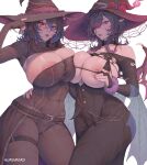2_girls 2girls big_breasts black_and_blue_hair black_hair blue_hair breast_grab breast_press bubble_butt cleavage horny inviting_to_sex kuromoro looking_at_viewer pose purple_eyes purple_hair red_eyes standing teasing thick_thighs undressing