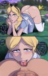  1boy 1girl 1girl alice_(disney) alice_in_wonderland alice_in_wonderland_(1951_film) alice_liddell ass big_ass bimbo blonde_hair blue_eyes disney english_text fairy_tales female_rimming_male glazinbuns instant_loss_2koma kneel literature looking_at_viewer male open_mouth partial_male public_domain rimjob rimming rimming_male smile tagme teeth text tongue tongue_out 