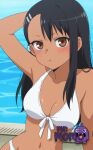 1girl :t arm_behind_head arm_up armpits bikini black_hair blush breasts brown_eyes cleavage closed_mouth clothing collarbone dark-skinned_female dark_skin earclip front-tie_bikini_top front-tie_top hair_ornament hairclip ijiranaide_nagatoro-san long_hair looking_at_viewer medium_breasts nagatoro_hayase navel pool poolside pout swimsuit tan upper_body water white_bikini white_swimsuit