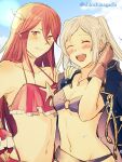  1girl 2_girls bikini blue_sky blush brown_gloves cleavage closed_eyes cloud cordelia_(fire_emblem) cordelia_(summer)_(fire_emblem) day female_only fire_emblem fire_emblem_awakening fire_emblem_heroes fire_emblem_warriors gloves hair_ornament high_res human intelligent_systems long_hair multiple_females multiple_girls navel nishimura_(nianiamu) o-ring o-ring_bikini open_mouth purple_bikini red_bikini red_eyes red_hair robin_(fire_emblem) robin_(fire_emblem)_(female) robin_(summer)_(fire_emblem)_(female) sky swimsuit tied_hair twin_tails twitter_username upper_body white_hair 
