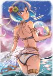  1girl 1girl alluring artist_name ass back ball beachball bikini blue_eyes blue_hair blue_sky bright_pupils catria_(fire_emblem) closed_mouth commentary_request fire_emblem fire_emblem:_mystery_of_the_emblem flower hair_flower hair_ornament hairband high_res holding holding_ball holding_beachball intelligent_systems looking_at_viewer looking_back median_furrow medium_breasts night nintendo o-ring o-ring_bikini pink_sky side-tie_bikini_bottom silf sky smile star_(sky) swimsuit tyun_nonokaze wading white_hairband white_pupils 