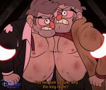 2026 2boys belly brothers bruises chest_hair coat cuts disney english_text glasses gravity_falls grey_hair human mawile123 nipples no_visible_genitalia older_male one_eye_closed shirt_up stan_pines stanford_pines stanley_pines sweat tentacle tentacle_on_male