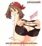 >_< 1boy 1girl 1girls anus bike_shorts blush breasts brown_hair male may_(pokemon) nintendo pokemon pussy ripped_clothing ripped_shorts rtil shorts small_breasts smaller_female spandex_shorts text thick_thighs thighs white_background wide_hips