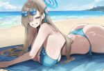  1girl ai_generated ass asuna_(blue_archive) beach bikini blue_archive blue_eyes blush breasts fat_ass grin halo huge_ass huge_breasts laying_down laying_on_stomach light-skinned_female light_skin long_hair looking_at_viewer mole mole_on_breast outside smile smirk sunglasses sweat sweatdrop sweating swimsuit thick_thighs thighs truck-kun_art 