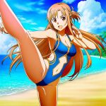  1girl alluring asuna_(sao) auburn_eyes auburn_hair bare_legs goldhopper kick kicking medium_breasts one-piece_bikini pin_up sword_art_online 