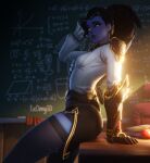  1girl 3d 3d_(artwork) amelie_lacroix blackboard classroom crossed_legs cute glowing_eyes half-closed_eyes high_res high_resolution looking_at_viewer mouth_open overwatch overwatch_2 overwatch_league ponytail principal principal_lacroix purple_skin side_view sitting skirt solo_female stockings table txomy3d widowmaker widowmaker_(overwatch) 