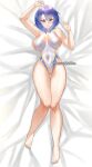  1girl 1girl alluring alternate_costume blue_bikini blue_eyes blue_hair catria_(fire_emblem) dakimakura_design fire_emblem fire_emblem_echoes:_shadows_of_valentia genm7 intelligent_systems looking_at_viewer medium_hair on_back on_bed one-piece_bikini smile swimsuit white_bikini wide_hips 