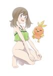  blue_eyes bottomless brown_hair green_bikini may_(pokemon) nintendo pokemon_(species) stomach swimsuit tagme thighs white_background 