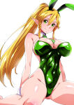 1girl absurd_res airando alluring alternate_costume animal_ears between_breasts big_breasts blonde_hair braid cleavage commentary_request detached_collar elf fishnets green_eyes green_leotard hair_between_eyes high_res highleg highleg_leotard impossible_clothes impossible_leotard island_(kossori) leafa leotard long_hair looking_at_viewer neck_tie necktie_between_breasts playboy_bunny pointy_ears ponytail rabbit_ears shiny_clothes shiny_skin side_braids simple_background sitting smile sword_art_online twin_braids wariza white_background wrist_cuffs