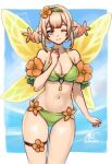 1girl 1girl ;) alluring alternate_costume bare_shoulders bikini blonde_hair cleavage closed_mouth commentary cowboy_shot english_commentary fairy fairy_wings fire_emblem fire_emblem_heroes green_bikini high_res intelligent_systems looking_at_viewer navel nintendo one_eye_closed peony_(fire_emblem) pink_eyes pointy_ears rotomdocs smile swimsuit wings 