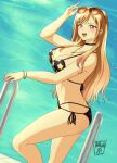  1girl 1girl absurd_res adjusting_eyewear alluring big_breasts bikini black_bikini black_choker blonde_hair bracelet choker cleavage danmakuman ear_piercing earrings eyewear_on_head feet_out_of_frame hand_on_railing high_res jewelry kitagawa_marin long_hair marin_kitagawa missing_commentary necklace open_mouth piercing pink_eyes poolside side-tie_bikini_bottom signature smile sono_bisque_doll_wa_koi_wo_suru sunglasses swimming_pool swimsuit teeth upper_teeth_only 