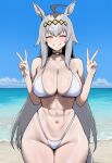 1girl ai_generated beach bikini closed_eyes grey_hair happy happy_female horse horse_ears horse_girl horse_tail light-skinned_female light_skin oguri_cap_(umamusume) outdoors peace_sign silver_hair smile swimsuit thick_thighs thighs truck-kun_art umamusume umamusume_pretty_derby v