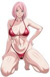 1girl alluring athletic_female bare_legs big_breasts bikini boruto:_naruto_next_generations cleavage female_abs fit_female milf naruto naruto_(series) on_knees pink_hair sakura_haruno teal_eyes yxyyxy