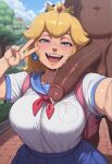  1boy 1girl ai_generated alternate_body_type alternate_breast_size backpack bag big_breasts blonde_hair blue_eyes blue_sailor_collar blue_skirt blue_sky blush breasts clothed_female_nude_male corruptedvisions crown cum cum_on_body cum_on_breasts cum_on_clothes curvaceous curves curvy curvy_body curvy_figure dark-skinned_male dark_skin day earrings erection facial fangs female glossy glossy_body high_res high_resolution interracial jewelry large_penis long_hair looking_at_viewer male mario_(series) neckerchief nintendo nude nude_male open_mouth outside penis pink_neckerchief pleated_skirt princess_peach red_neckerchief sailor_collar school_uniform selfpic serafuku shiny_skin shirt short_sleeves skin_gloss skirt sky smile solo_focus sphere_earrings stable_diffusion straight super_mario_bros. teeth testicle tree uncensored upper_teeth_only v veins veiny_penis very_dark_skin voluptuous white_shirt 