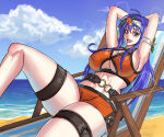 1girl alboire alluring beach big_breasts bikini cleavage fire_emblem fire_emblem_radiant_dawn green_eyes intelligent_systems mia_(fire_emblem) nintendo ocean pin_up purple_hair under_boob
