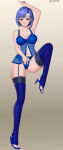  1girl 1girl 1girl alluring arm_up ass_visible_through_thighs bare_arms bare_midriff bare_shoulders bare_thighs blue_eyes blue_footwear blue_hair blue_nails blue_panties catria_(fire_emblem) cleavage collarbone female_only fire_emblem fire_emblem:_mystery_of_the_emblem fire_emblem:_shadow_dragon_and_the_blade_of_light full_body garter_belt gradient_background high_heel_sandals high_heels intelligent_systems leg_lift lingerie looking_at_viewer medium_breasts midriff nail_polish nightgown nintendo panties pollo1567 sandals see-through short_hair shoulders silf simple_background smile stockings thighs underwear 
