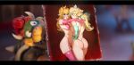  2_girls alluring arms_on_another's_shoulder ass big_breasts bikini blonde_hair blue_eyes blush bowser elbow_gloves fake_screenshot from_behind gloves hair_between_eyes highleg highleg_bikini hong_doo hugging long_hair looking_at_viewer looking_back mario_(series) multiple_girls nintendo painting_(object) parody partially_fingerless_gloves pink_bikini pink_gloves ponytail princess_peach rosalina stockings swimsuit the_super_mario_galaxy_movie thighs topless_female 