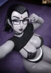 1girl 1girl 1girls 2025 3d alternate_body_type alternate_breast_size artist_name bed big_breasts black_hair black_shirt bra breasts calvin_klein calvin_klein_panties calvin_klein_underwear child_bearing_hips cleavage clothes_lift collar colored_skin cosplayer curvaceous curvy curvy_body curvy_female curvy_figure dc_comics dc_comics english_text female_only forehead_jewel glasses glistening glistening_body goth goth_girl grey_body grey_skin grey_skinned_female high-angle_view high_res high_res high_resolution hourglass_figure lace-trimmed_bra lace_trim looking_at_viewer mature_female medium_hair narrow_waist navel panties photo-referenced pinkchyu puffy_lips purple_eyes purple_nails rachel_roth raven_(dc) selfpic shiny_skin shirt_lift sitting sitting_on_bed slim_waist smitty34 solo_female spiked_collar superheroine teen_titans text thick_thighs thighs underwear voluptuous voluptuous_female wide_hips